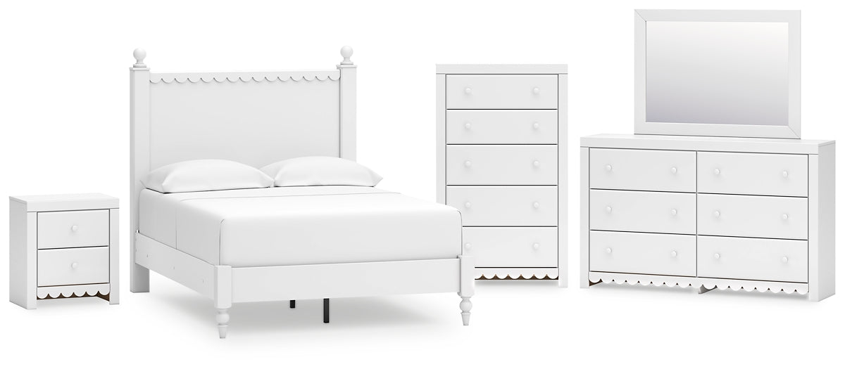 Mollviney Full Panel Bed with Mirrored Dresser, Chest and Nightstand